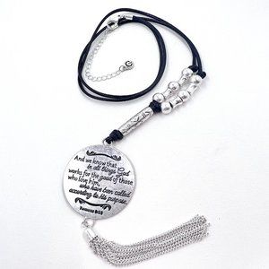 C 1946 - Silver Tone Romans 8:28 Medallion 28” Black Cord Necklace